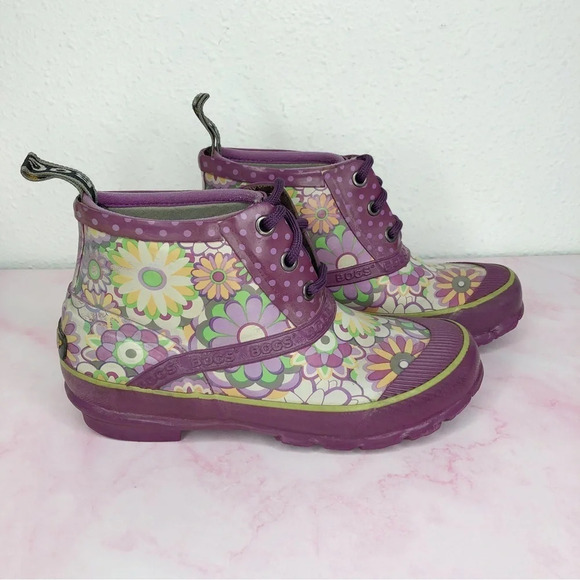 Bogs boots ankle rainboots Charlot purple floral waterproof size 2 little girl - Picture 2 of 14